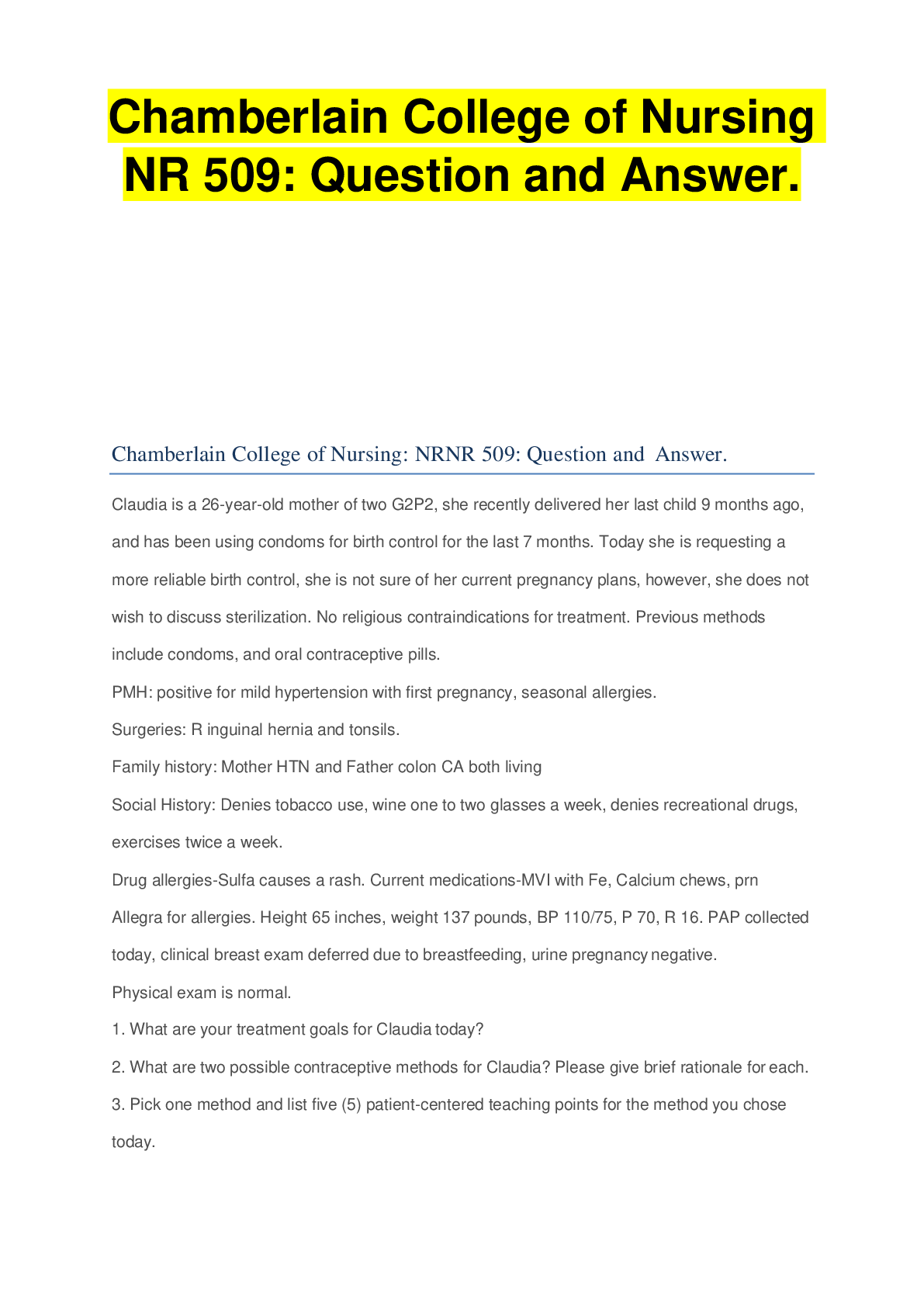 Preview image of NR 509: Question and Answer (Claudia) GRADED A document